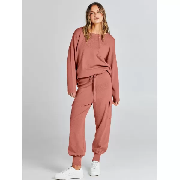 Caracilia Women's Two Piece Outfits Sweater Sets Long Sleeve Knit Pullover Tops and Cargo Jogger Pants Lounge Sets