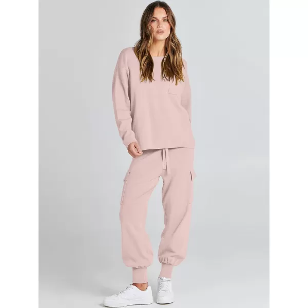 Caracilia Women's Two Piece Outfits Sweater Sets Long Sleeve Knit Pullover Tops and Cargo Jogger Pants Lounge Sets