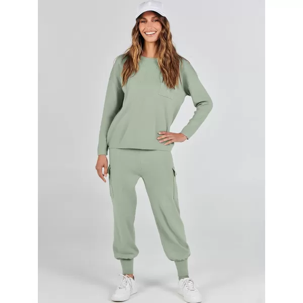 Caracilia Women's Two Piece Outfits Sweater Sets Long Sleeve Knit Pullover Tops and Cargo Jogger Pants Lounge Sets