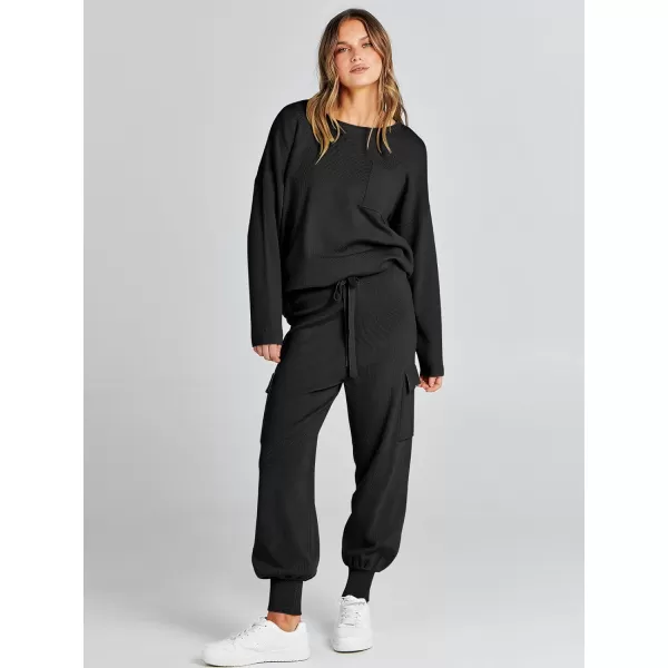 Caracilia Women's Two Piece Outfits Sweater Sets Long Sleeve Knit Pullover Tops and Cargo Jogger Pants Lounge Sets