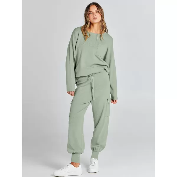 Caracilia Women's Two Piece Outfits Sweater Sets Long Sleeve Knit Pullover Tops and Cargo Jogger Pants Lounge Sets