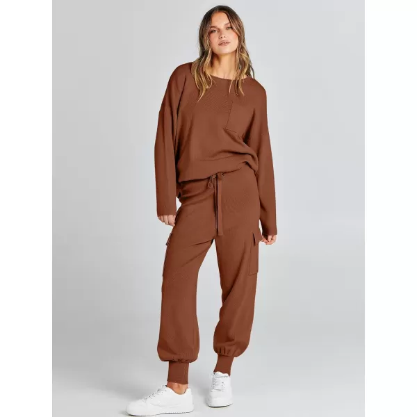 Caracilia Women's Two Piece Outfits Sweater Sets Long Sleeve Knit Pullover Tops and Cargo Jogger Pants Lounge Sets