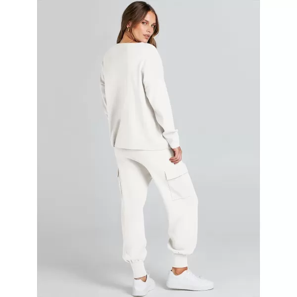 Caracilia Women's Two Piece Outfits Sweater Sets Long Sleeve Knit Pullover Tops and Cargo Jogger Pants Lounge Sets