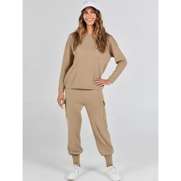 Caracilia Women's Two Piece Outfits Sweater Sets Long Sleeve Knit Pullover Tops and Cargo Jogger Pants Lounge Sets