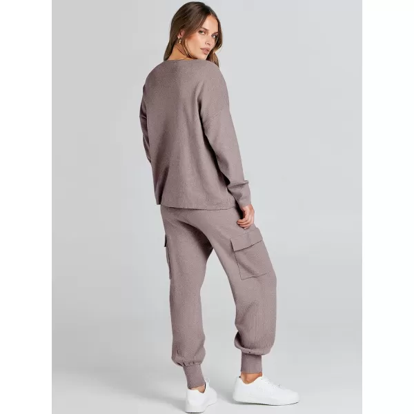 Caracilia Women's Two Piece Outfits Sweater Sets Long Sleeve Knit Pullover Tops and Cargo Jogger Pants Lounge Sets