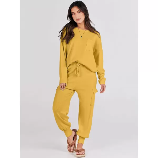 Caracilia Women's Two Piece Outfits Sweater Sets Long Sleeve Knit Pullover Tops and Cargo Jogger Pants Lounge Sets