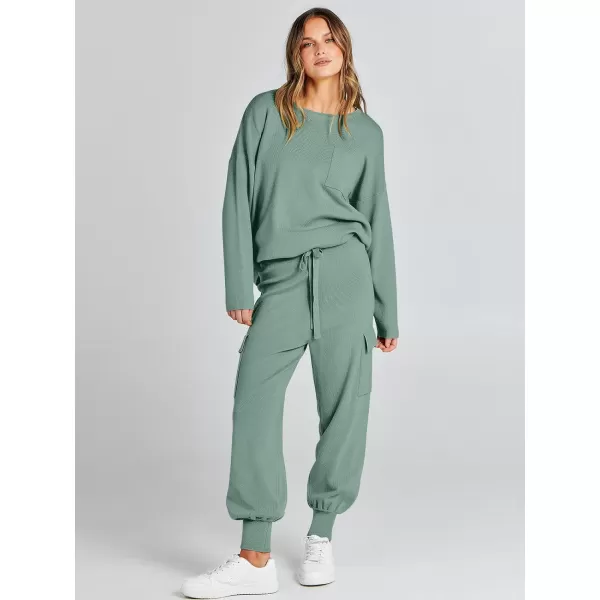 Caracilia Women's Two Piece Outfits Sweater Sets Long Sleeve Knit Pullover Tops and Cargo Jogger Pants Lounge Sets