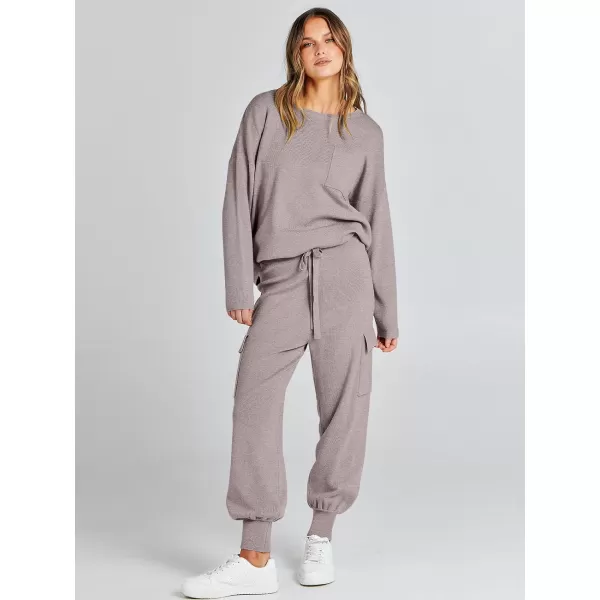 Caracilia Women's Two Piece Outfits Sweater Sets Long Sleeve Knit Pullover Tops and Cargo Jogger Pants Lounge Sets