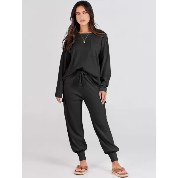 Caracilia Women's Two Piece Outfits Sweater Sets Long Sleeve Knit Pullover Tops and Cargo Jogger Pants Lounge Sets