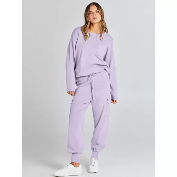 Caracilia Women's Two Piece Outfits Sweater Sets Long Sleeve Knit Pullover Tops and Cargo Jogger Pants Lounge Sets