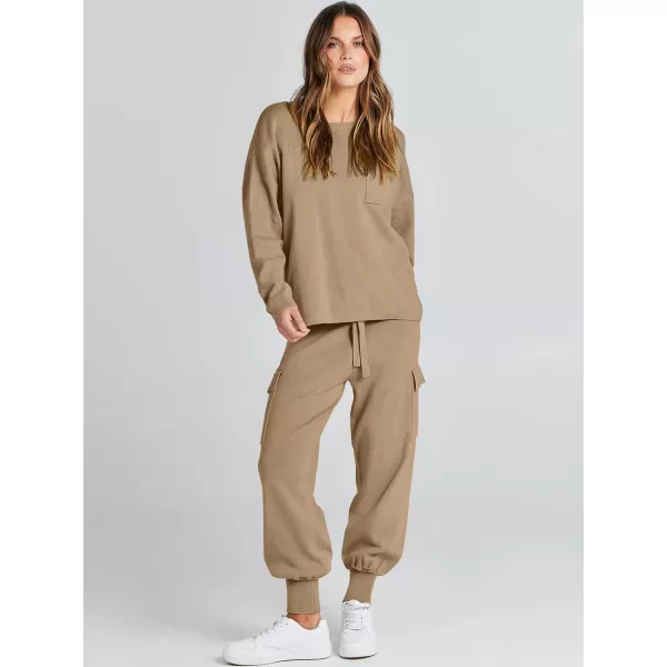 Caracilia Women's Two Piece Outfits Sweater Sets Long Sleeve Knit Pullover Tops and Cargo Jogger Pants Lounge Sets
