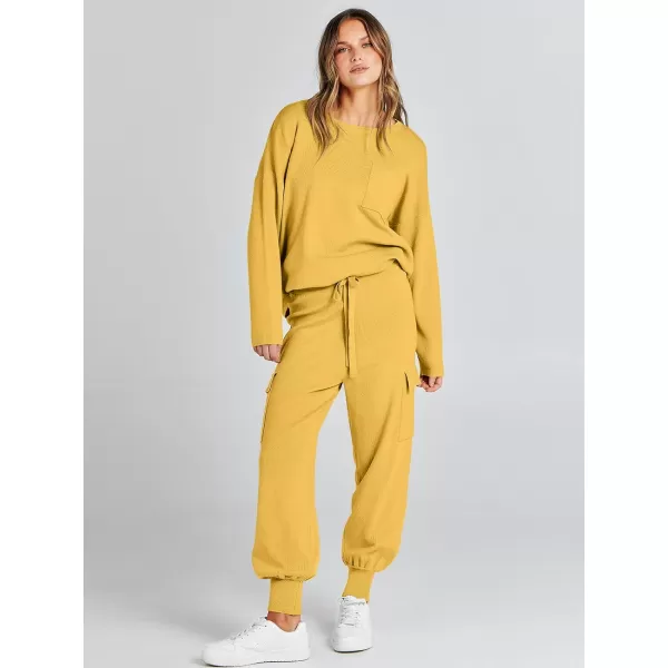 Caracilia Women's Two Piece Outfits Sweater Sets Long Sleeve Knit Pullover Tops and Cargo Jogger Pants Lounge Sets
