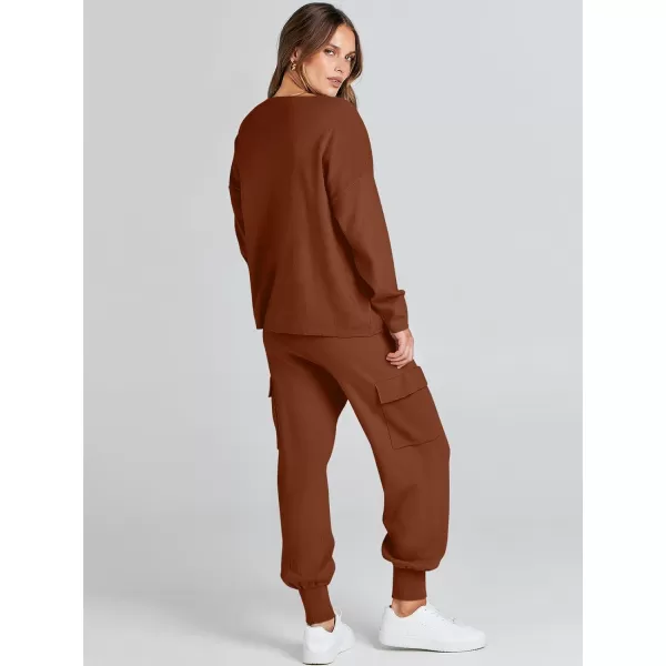 Caracilia Women's Two Piece Outfits Sweater Sets Long Sleeve Knit Pullover Tops and Cargo Jogger Pants Lounge Sets