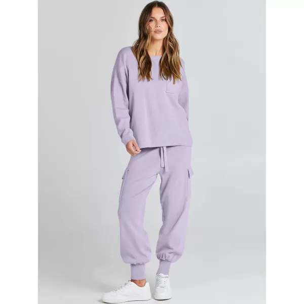 Caracilia Women's Two Piece Outfits Sweater Sets Long Sleeve Knit Pullover Tops and Cargo Jogger Pants Lounge Sets