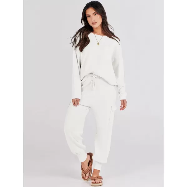 Caracilia Women's Two Piece Outfits Sweater Sets Long Sleeve Knit Pullover Tops and Cargo Jogger Pants Lounge Sets