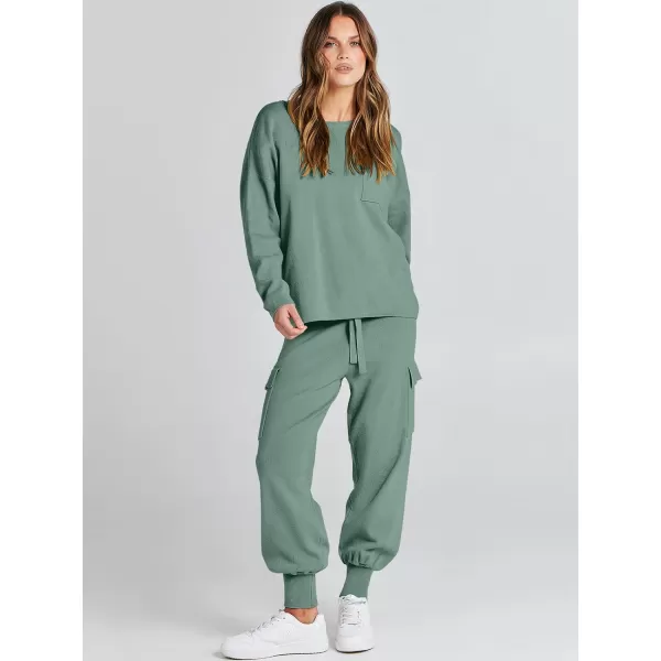 Caracilia Women's Two Piece Outfits Sweater Sets Long Sleeve Knit Pullover Tops and Cargo Jogger Pants Lounge Sets