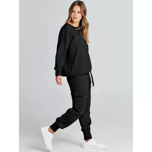 Caracilia Women's Two Piece Outfits Sweater Sets Long Sleeve Knit Pullover Tops and Cargo Jogger Pants Lounge Sets