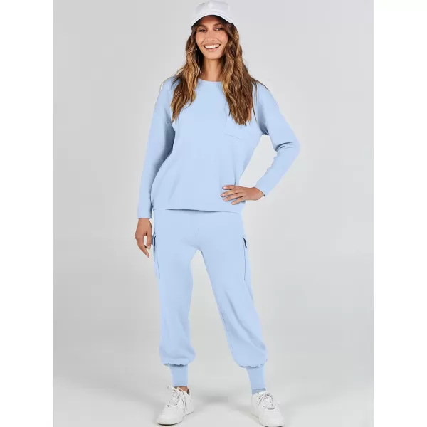 Caracilia Women's Two Piece Outfits Sweater Sets Long Sleeve Knit Pullover Tops and Cargo Jogger Pants Lounge Sets