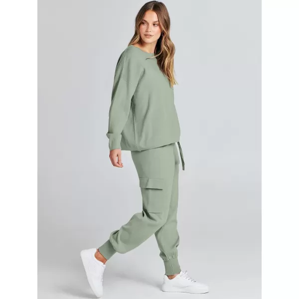 Caracilia Women's Two Piece Outfits Sweater Sets Long Sleeve Knit Pullover Tops and Cargo Jogger Pants Lounge Sets