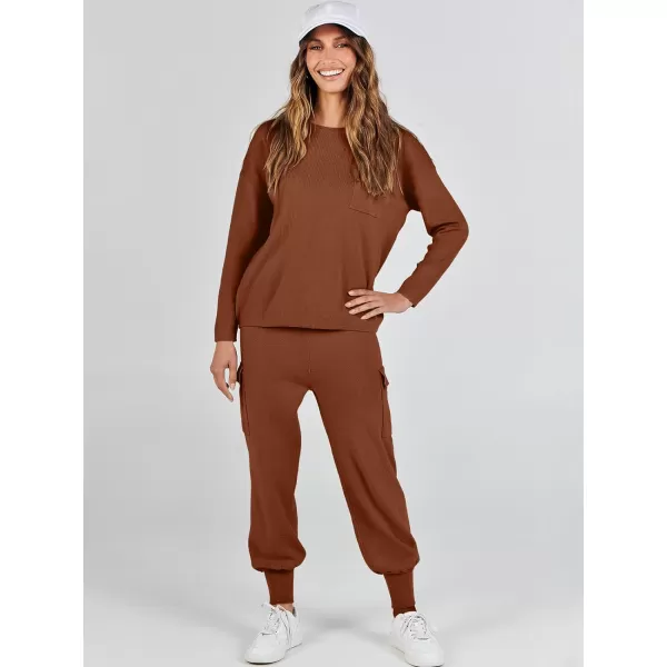 Caracilia Women's Two Piece Outfits Sweater Sets Long Sleeve Knit Pullover Tops and Cargo Jogger Pants Lounge Sets