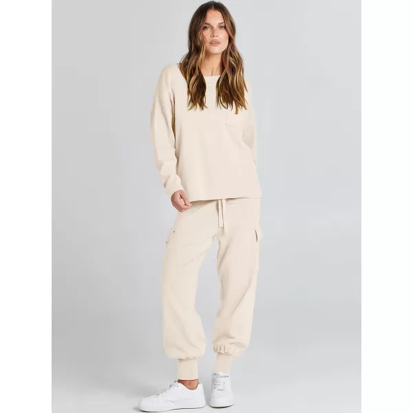 Caracilia Women's Two Piece Outfits Sweater Sets Long Sleeve Knit Pullover Tops and Cargo Jogger Pants Lounge Sets
