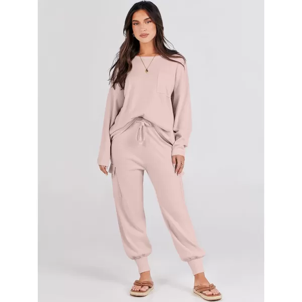 Caracilia Women's Two Piece Outfits Sweater Sets Long Sleeve Knit Pullover Tops and Cargo Jogger Pants Lounge Sets
