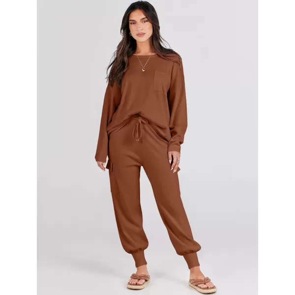 Caracilia Women's Two Piece Outfits Sweater Sets Long Sleeve Knit Pullover Tops and Cargo Jogger Pants Lounge Sets