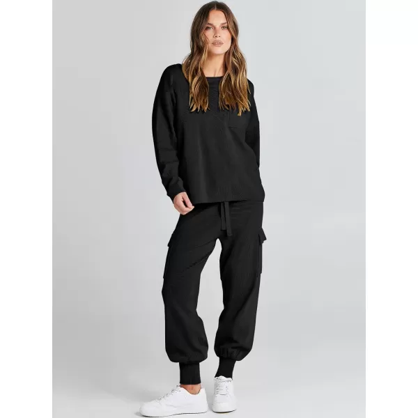 Caracilia Women's Two Piece Outfits Sweater Sets Long Sleeve Knit Pullover Tops and Cargo Jogger Pants Lounge Sets