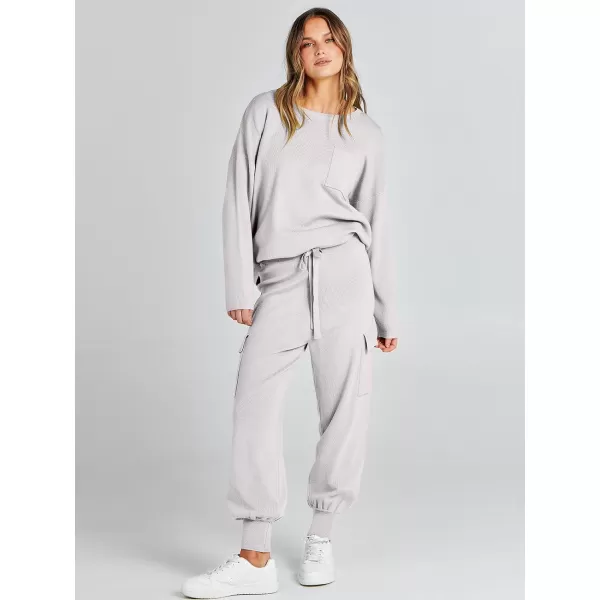 Caracilia Women's Two Piece Outfits Sweater Sets Long Sleeve Knit Pullover Tops and Cargo Jogger Pants Lounge Sets