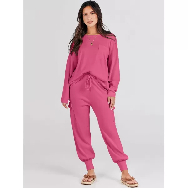 Caracilia Women's Two Piece Outfits Sweater Sets Long Sleeve Knit Pullover Tops and Cargo Jogger Pants Lounge Sets