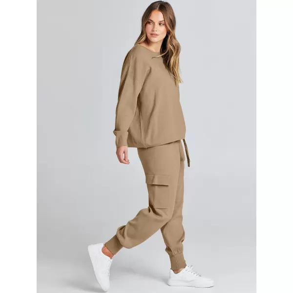 Caracilia Women's Two Piece Outfits Sweater Sets Long Sleeve Knit Pullover Tops and Cargo Jogger Pants Lounge Sets