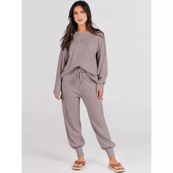 Caracilia Women's Two Piece Outfits Sweater Sets Long Sleeve Knit Pullover Tops and Cargo Jogger Pants Lounge Sets