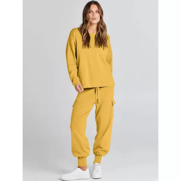 Caracilia Women's Two Piece Outfits Sweater Sets Long Sleeve Knit Pullover Tops and Cargo Jogger Pants Lounge Sets
