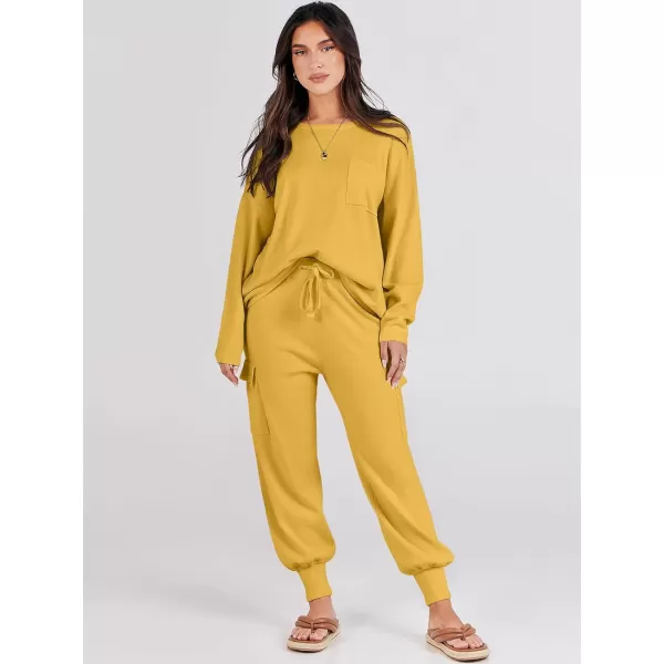 Caracilia Women's Two Piece Outfits Sweater Sets Long Sleeve Knit Pullover Tops and Cargo Jogger Pants Lounge Sets