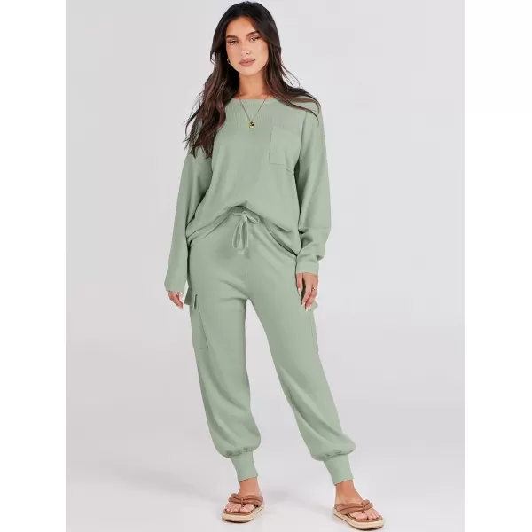 Caracilia Women's Two Piece Outfits Sweater Sets Long Sleeve Knit Pullover Tops and Cargo Jogger Pants Lounge Sets