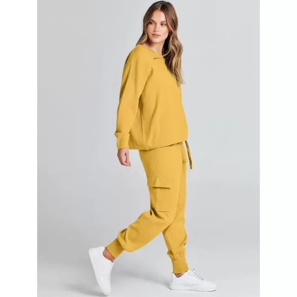 Caracilia Women's Two Piece Outfits Sweater Sets Long Sleeve Knit Pullover Tops and Cargo Jogger Pants Lounge Sets