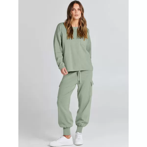 Caracilia Women's Two Piece Outfits Sweater Sets Long Sleeve Knit Pullover Tops and Cargo Jogger Pants Lounge Sets