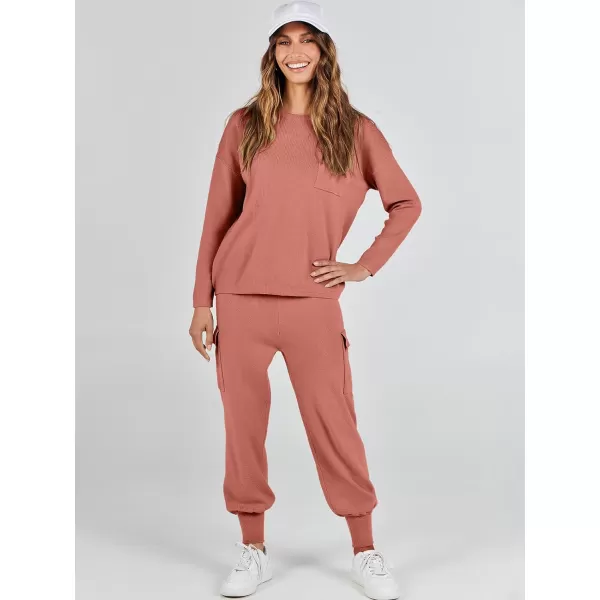 Caracilia Women's Two Piece Outfits Sweater Sets Long Sleeve Knit Pullover Tops and Cargo Jogger Pants Lounge Sets