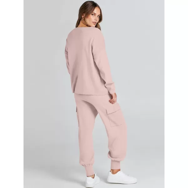 Caracilia Women's Two Piece Outfits Sweater Sets Long Sleeve Knit Pullover Tops and Cargo Jogger Pants Lounge Sets