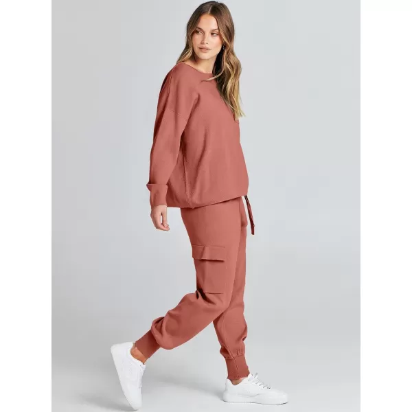 Caracilia Women's Two Piece Outfits Sweater Sets Long Sleeve Knit Pullover Tops and Cargo Jogger Pants Lounge Sets