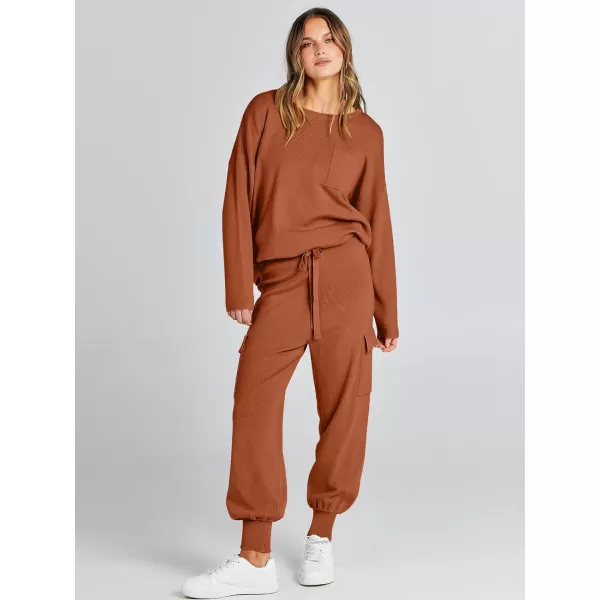 Caracilia Women's Two Piece Outfits Sweater Sets Long Sleeve Knit Pullover Tops and Cargo Jogger Pants Lounge Sets