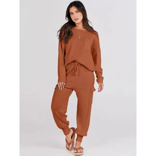 Caracilia Women's Two Piece Outfits Sweater Sets Long Sleeve Knit Pullover Tops and Cargo Jogger Pants Lounge Sets