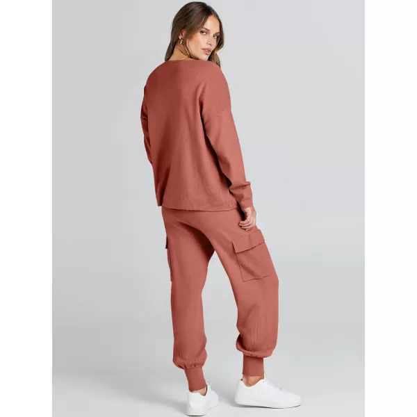 Caracilia Women's Two Piece Outfits Sweater Sets Long Sleeve Knit Pullover Tops and Cargo Jogger Pants Lounge Sets