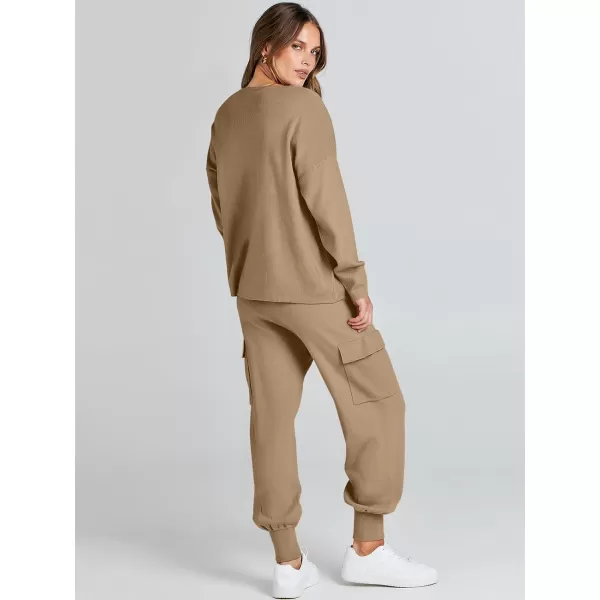 Caracilia Women's Two Piece Outfits Sweater Sets Long Sleeve Knit Pullover Tops and Cargo Jogger Pants Lounge Sets