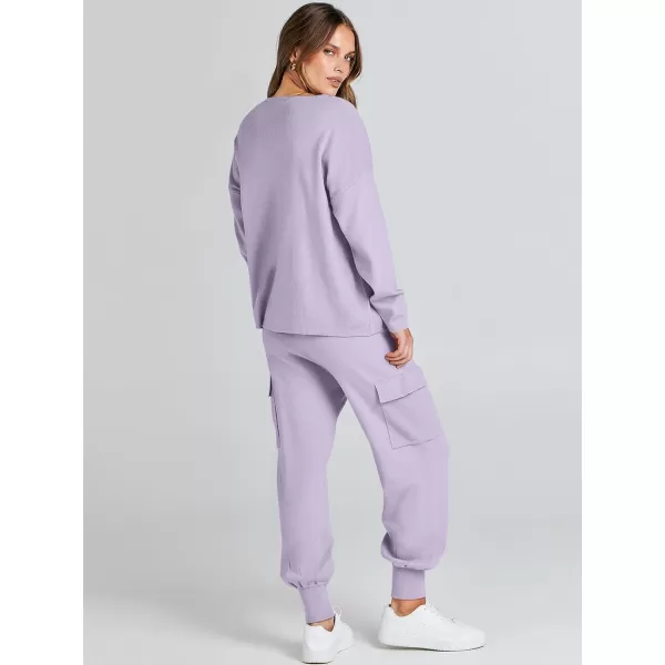 Caracilia Women's Two Piece Outfits Sweater Sets Long Sleeve Knit Pullover Tops and Cargo Jogger Pants Lounge Sets