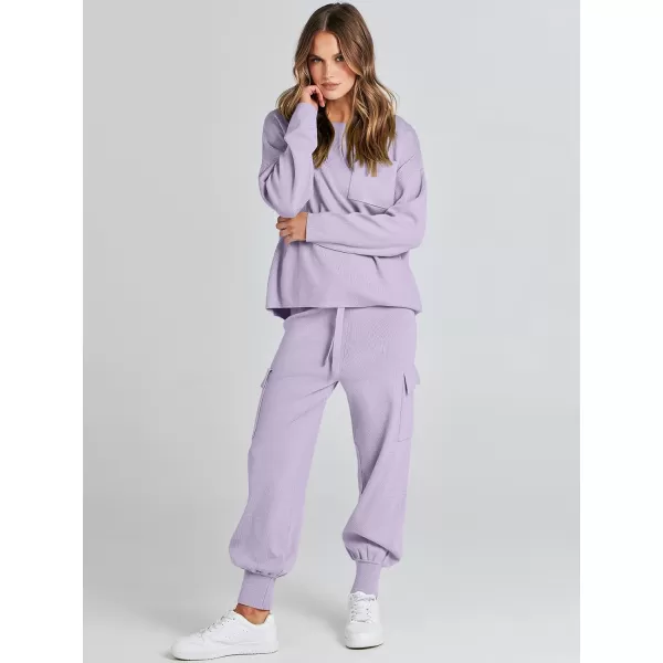 Caracilia Women's Two Piece Outfits Sweater Sets Long Sleeve Knit Pullover Tops and Cargo Jogger Pants Lounge Sets