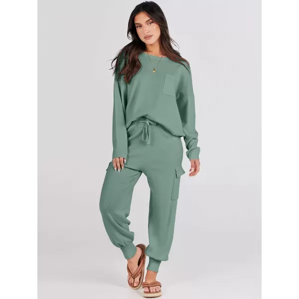 Caracilia Women's Two Piece Outfits Sweater Sets Long Sleeve Knit Pullover Tops and Cargo Jogger Pants Lounge Sets