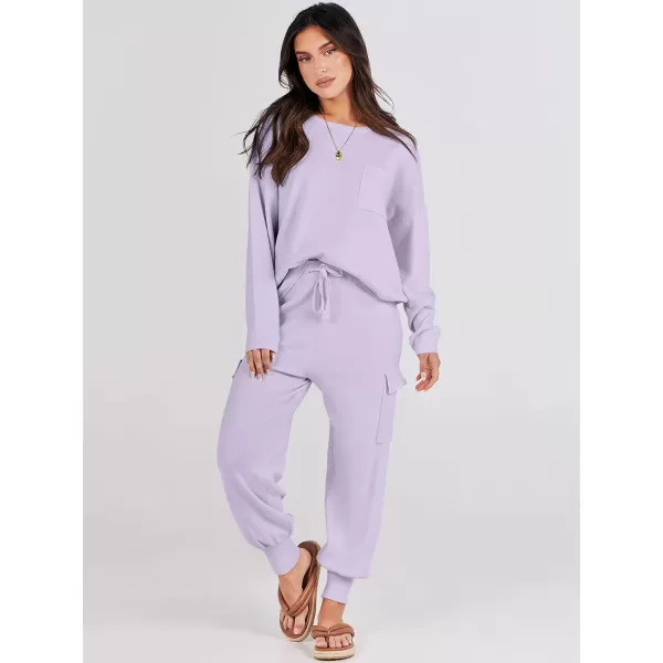 Caracilia Women's Two Piece Outfits Sweater Sets Long Sleeve Knit Pullover Tops and Cargo Jogger Pants Lounge Sets