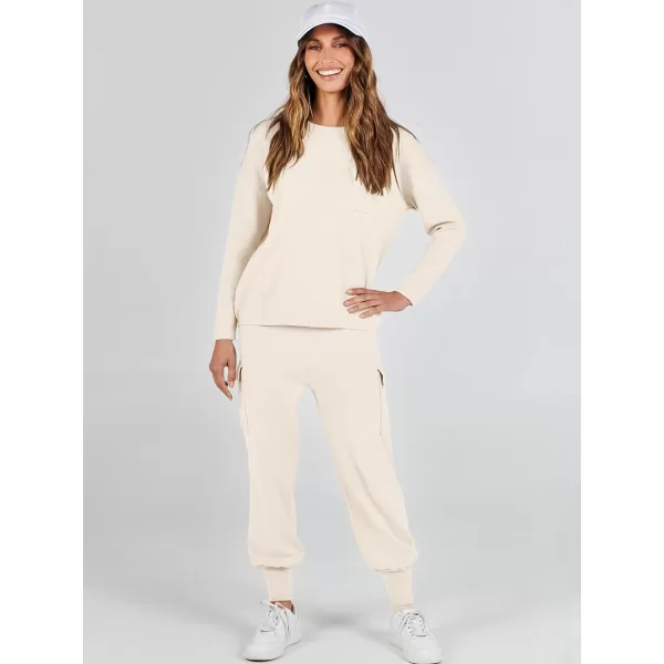 Caracilia Women's Two Piece Outfits Sweater Sets Long Sleeve Knit Pullover Tops and Cargo Jogger Pants Lounge Sets