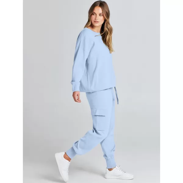 Caracilia Women's Two Piece Outfits Sweater Sets Long Sleeve Knit Pullover Tops and Cargo Jogger Pants Lounge Sets